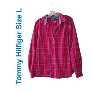 TOMMY HILFIGER Pink Purple Long Sleeve Plaid Button Up Shirt Size Large